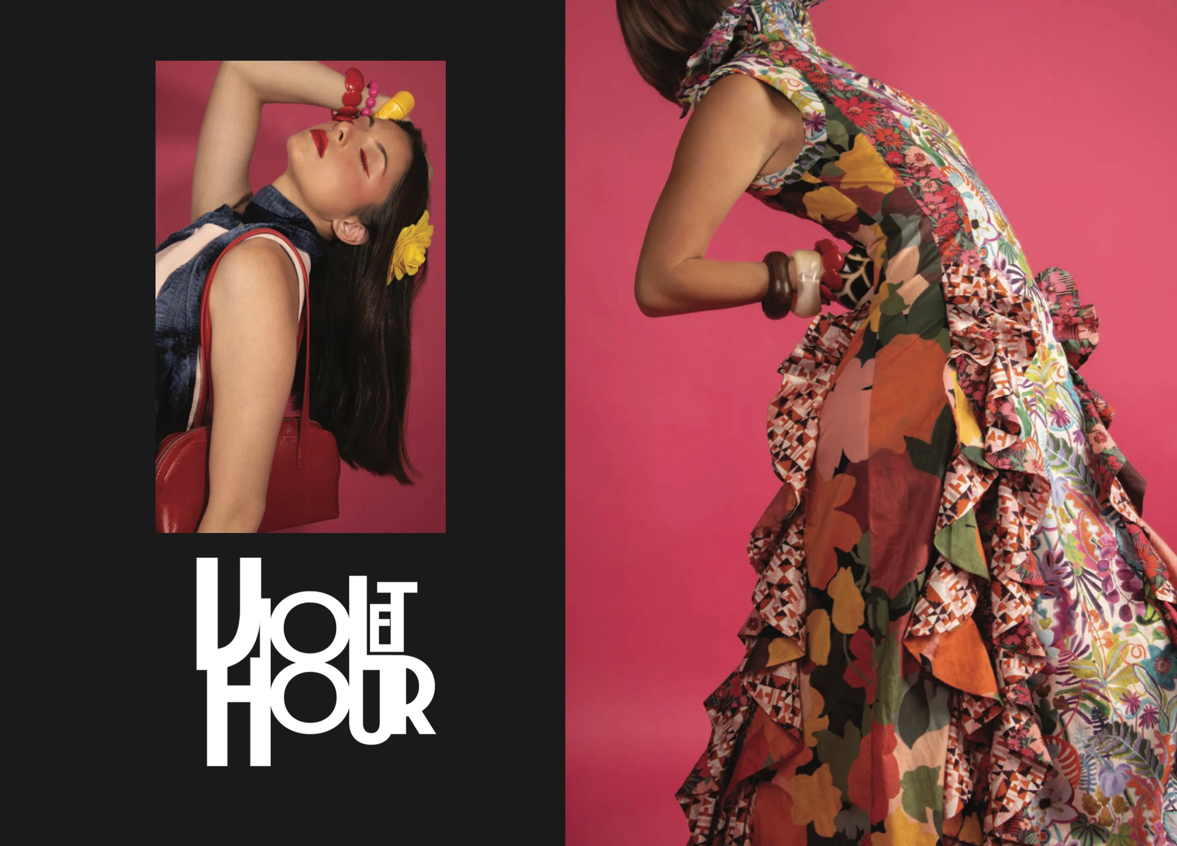 Pattern-rich fashion spread in vivid pink and red