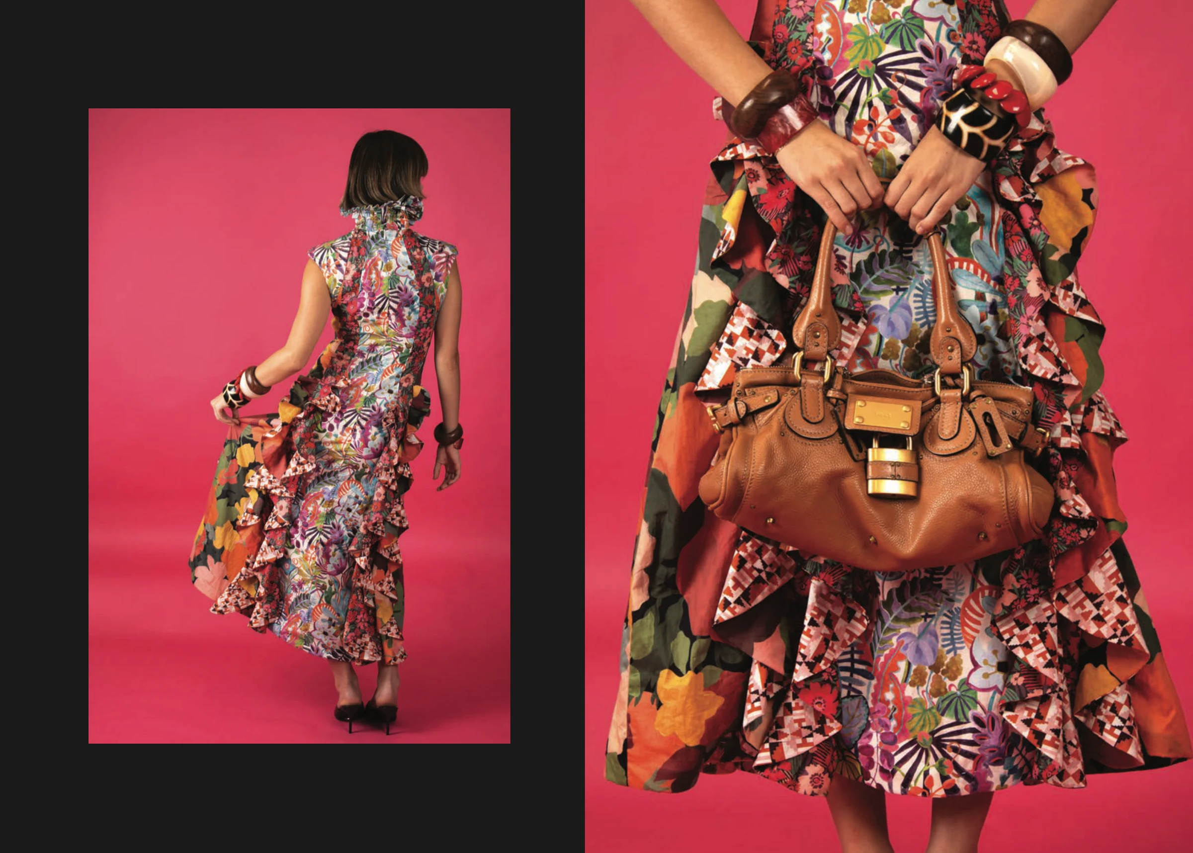 Two bold patterned looks against a pink ground