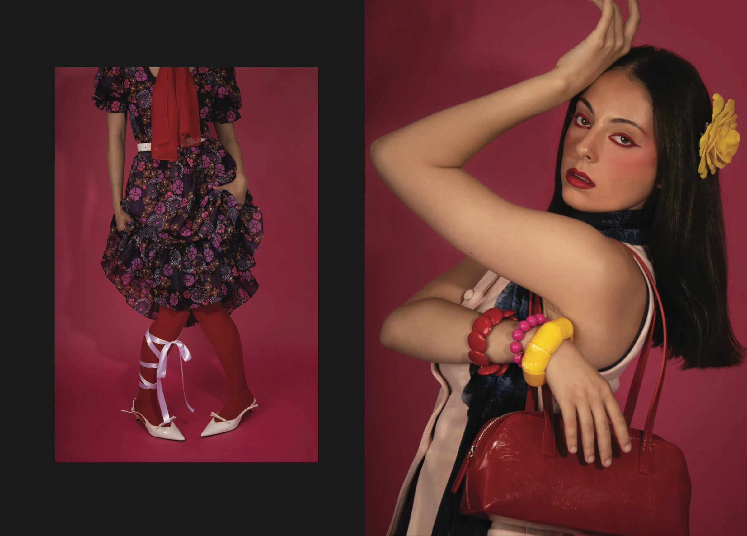 Model styling spread in red and floral tones