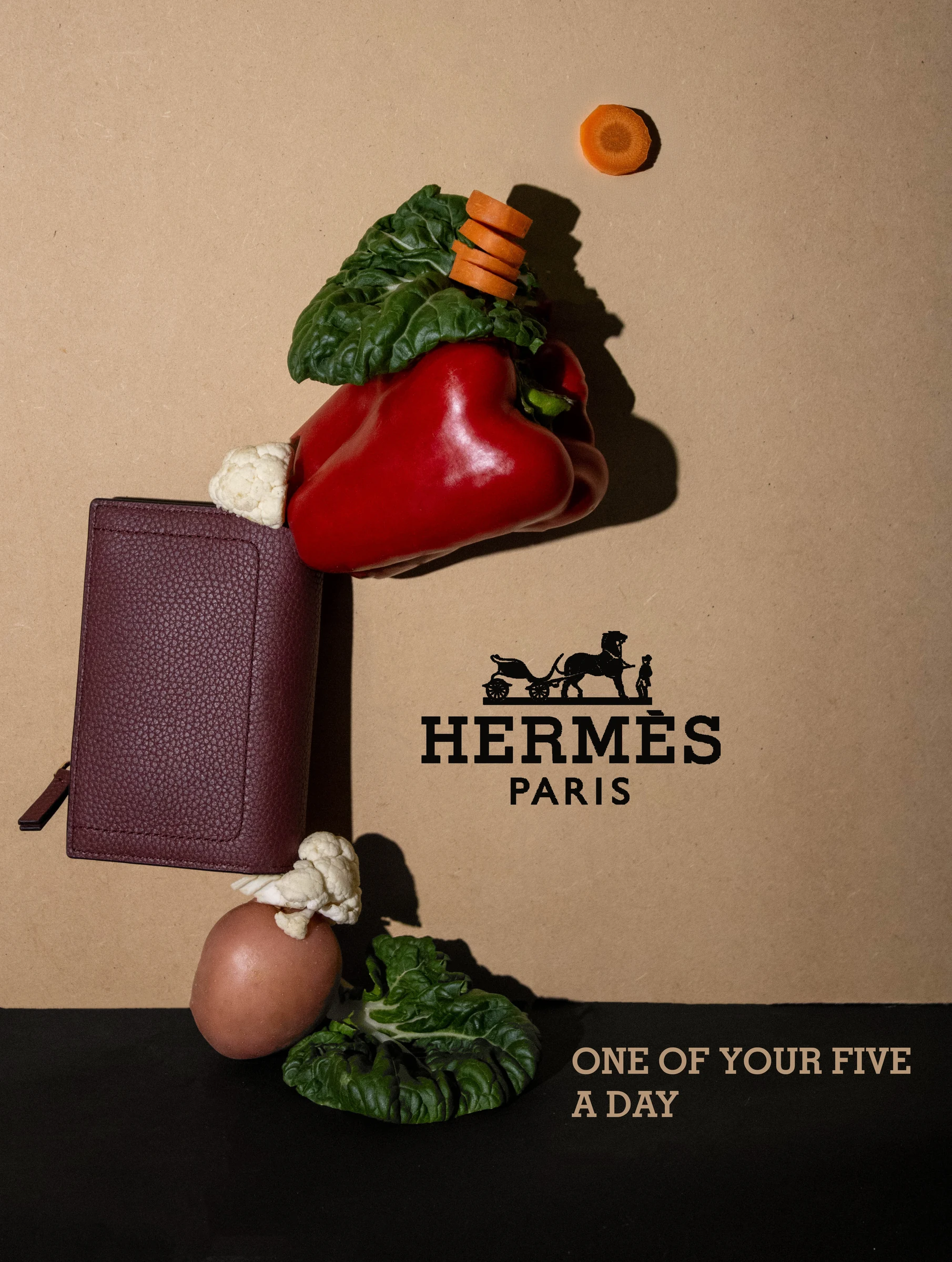 Hermès-inspired still life with vegetables and a leather accessory