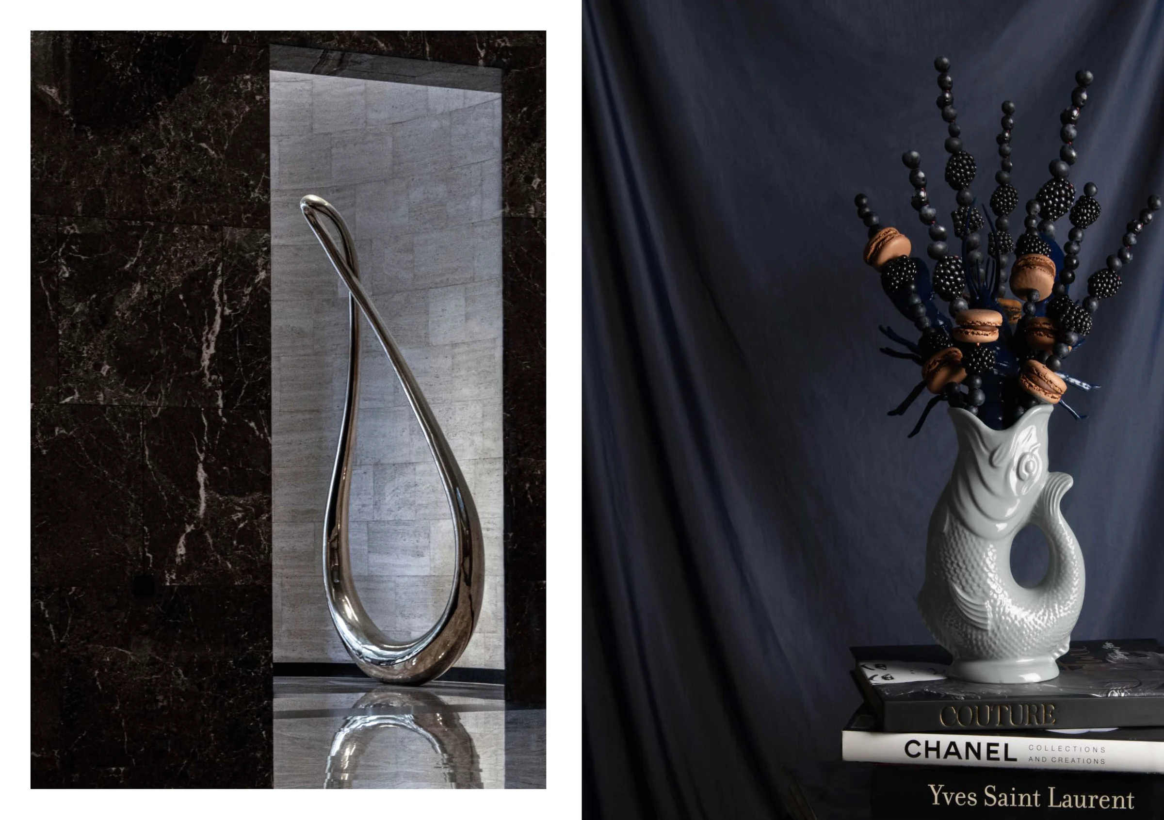 Sculptural glass and floral still-life spread