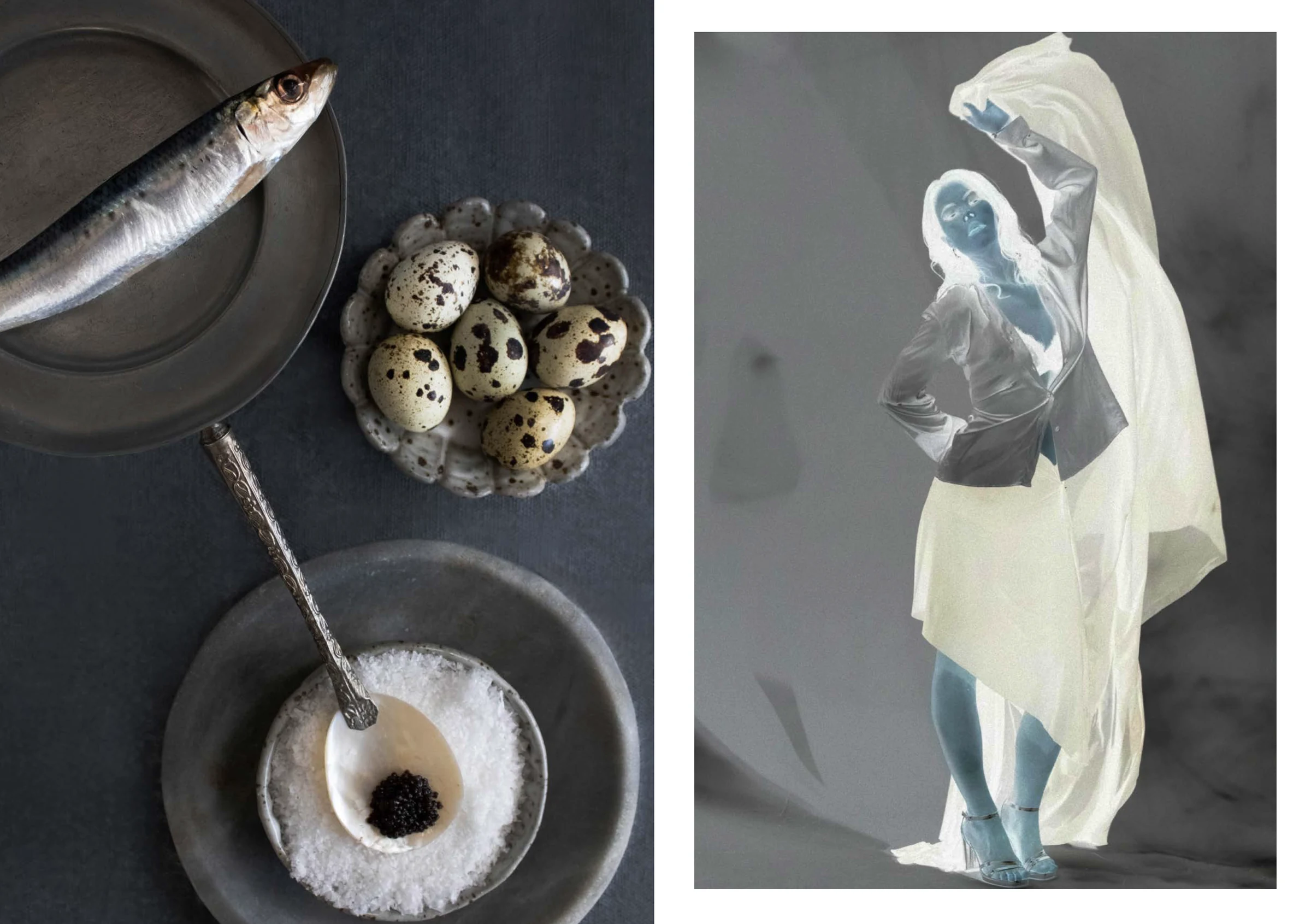 Monochrome still-life composition with metallic vessels