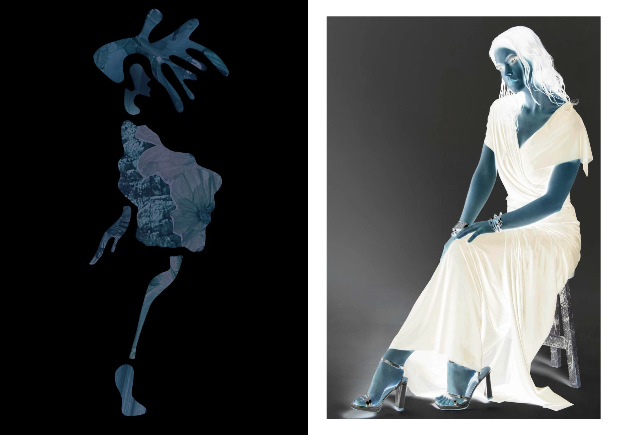 Two ethereal figures presented against a black ground
