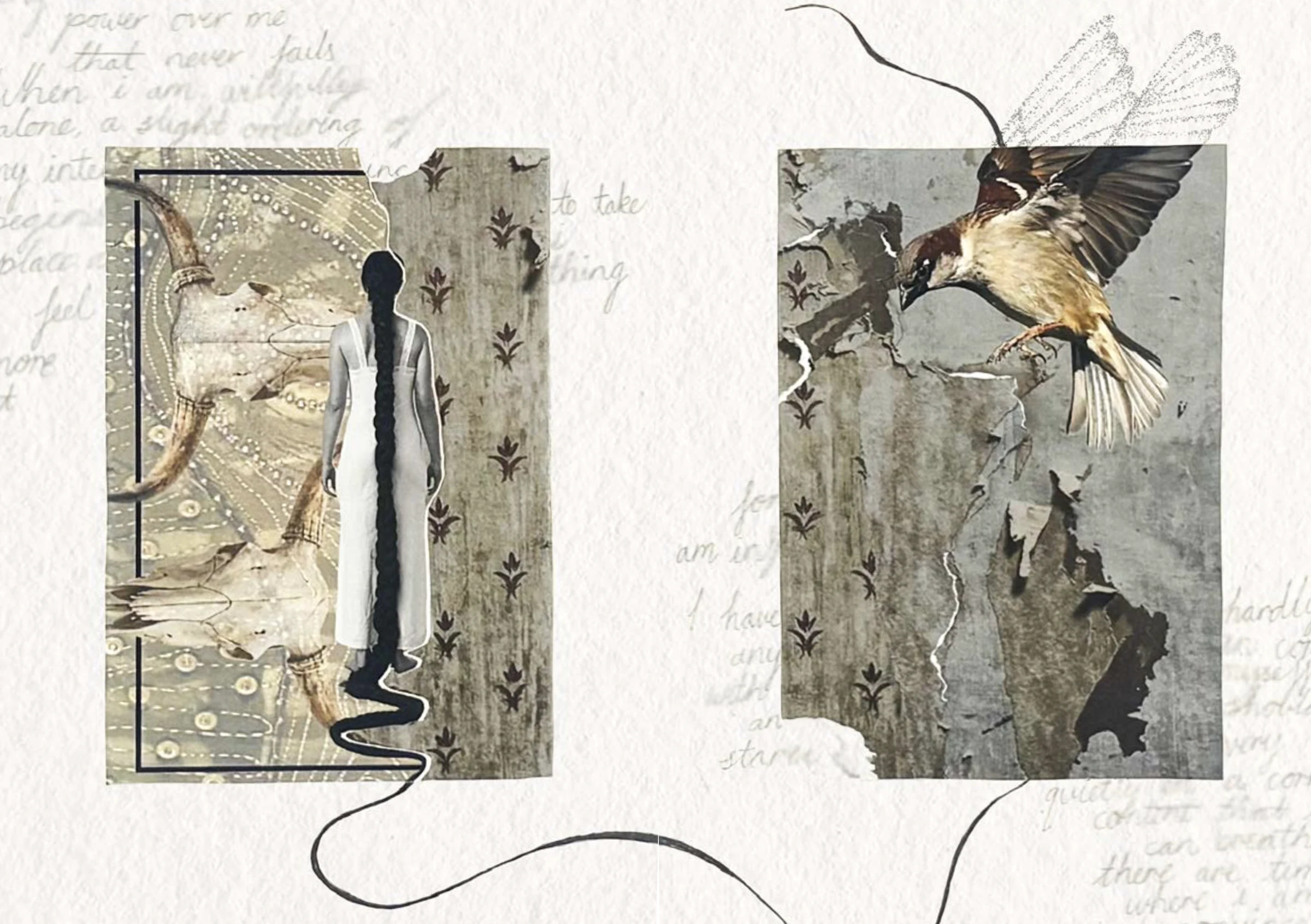 Abstract mixed-media spread with botanical forms